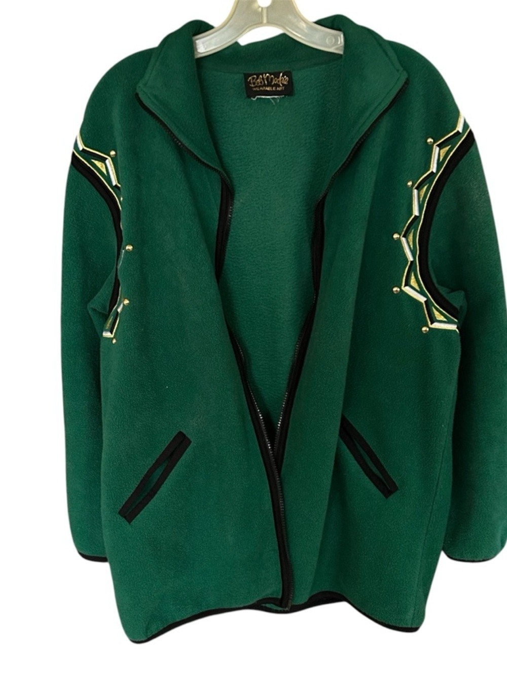 Bob Mackie Forest Green Fleece Jacket Black Trim and Gold Accents Wearable Art